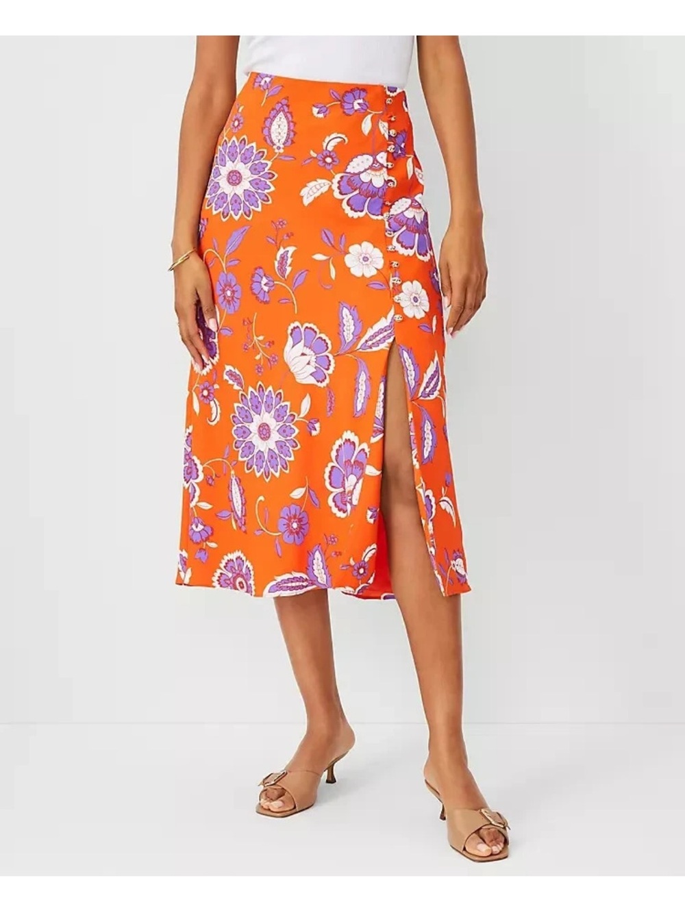 Women's Ann Taylor Petite Floral Button Slit Midi Slip Skirt